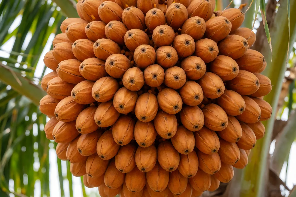 Cacho de frutos do licuri com coquinhos alaranjados