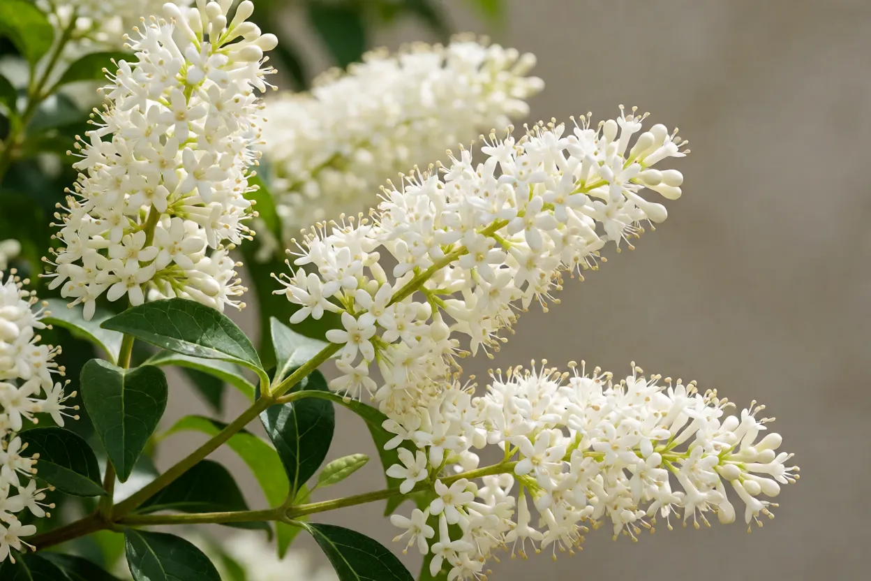 Pan&iacute;culas de flores brancas do ligustro em flora&ccedil;&atilde;o