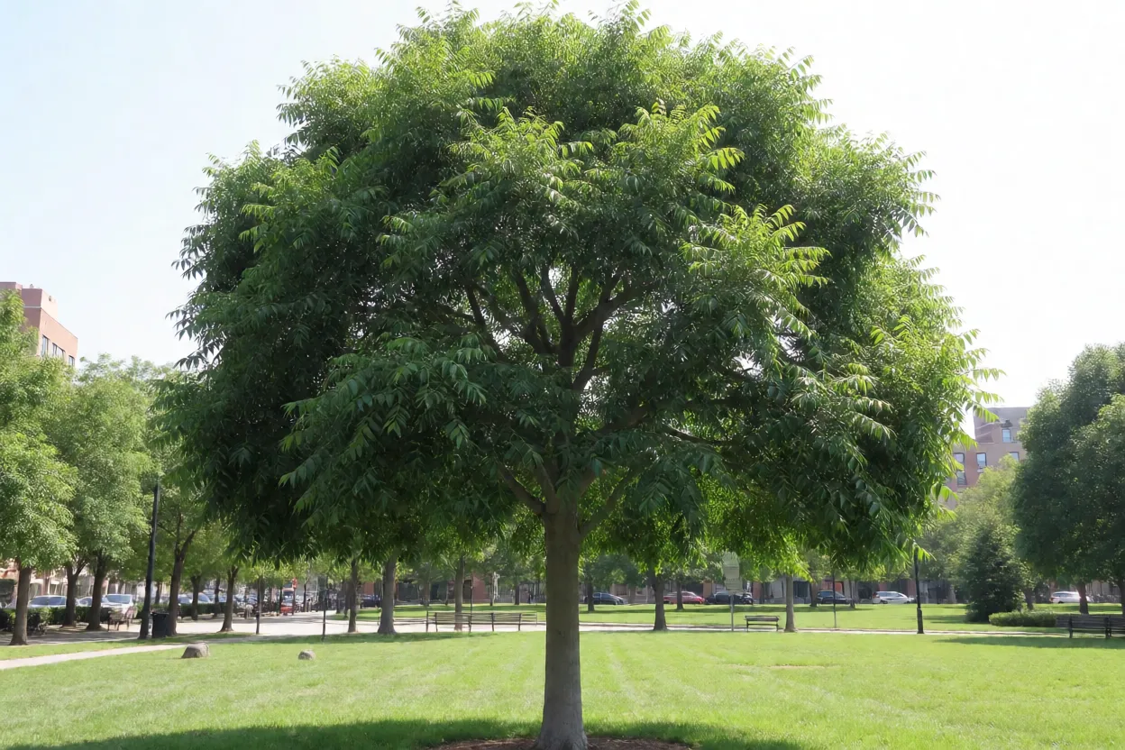 Árvore lilás adulta com copa arredondada e densa em parque urbano