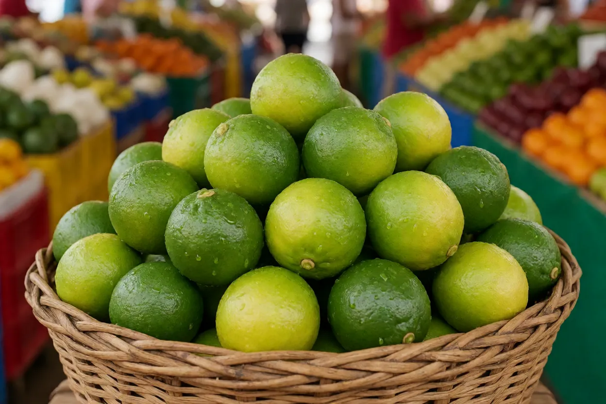 Cesto de limas da Pérsia recém-colhidas em feira