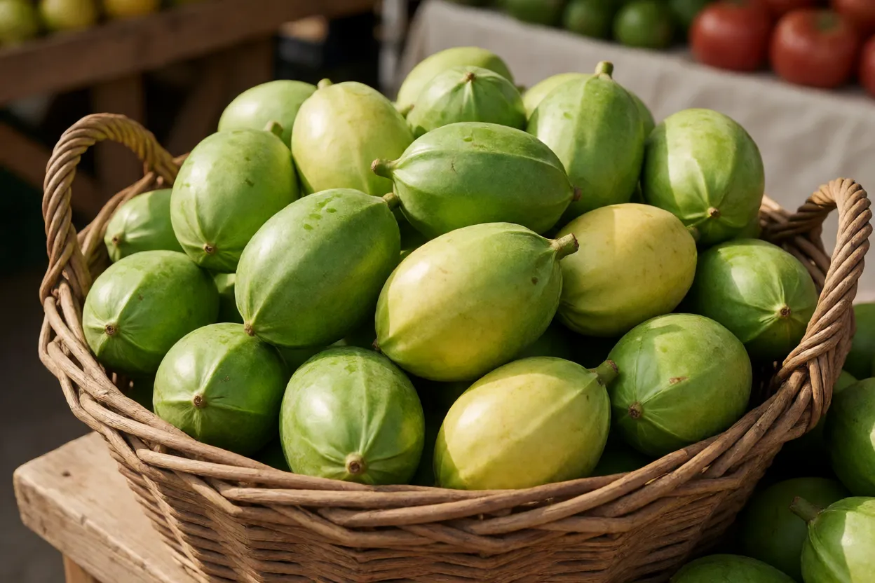 Cesta cheia de limas-da-pérsia colhidas na feira