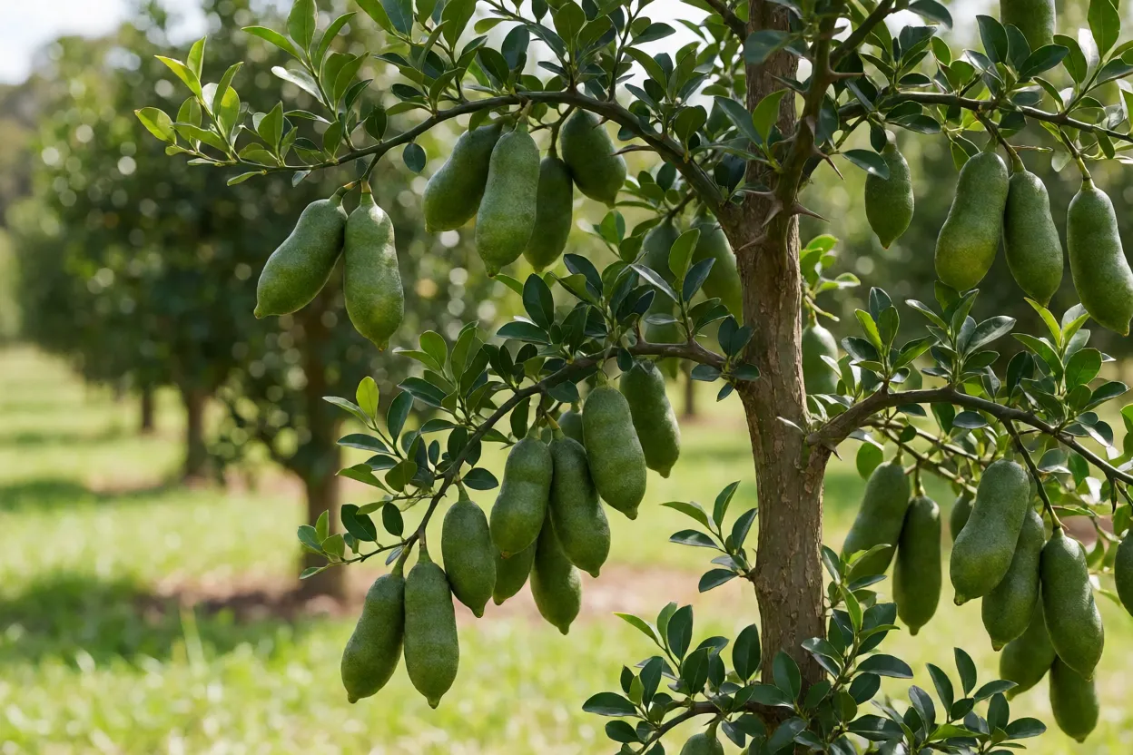 Árvore de lima-de-dedo com frutos alongados pendentes