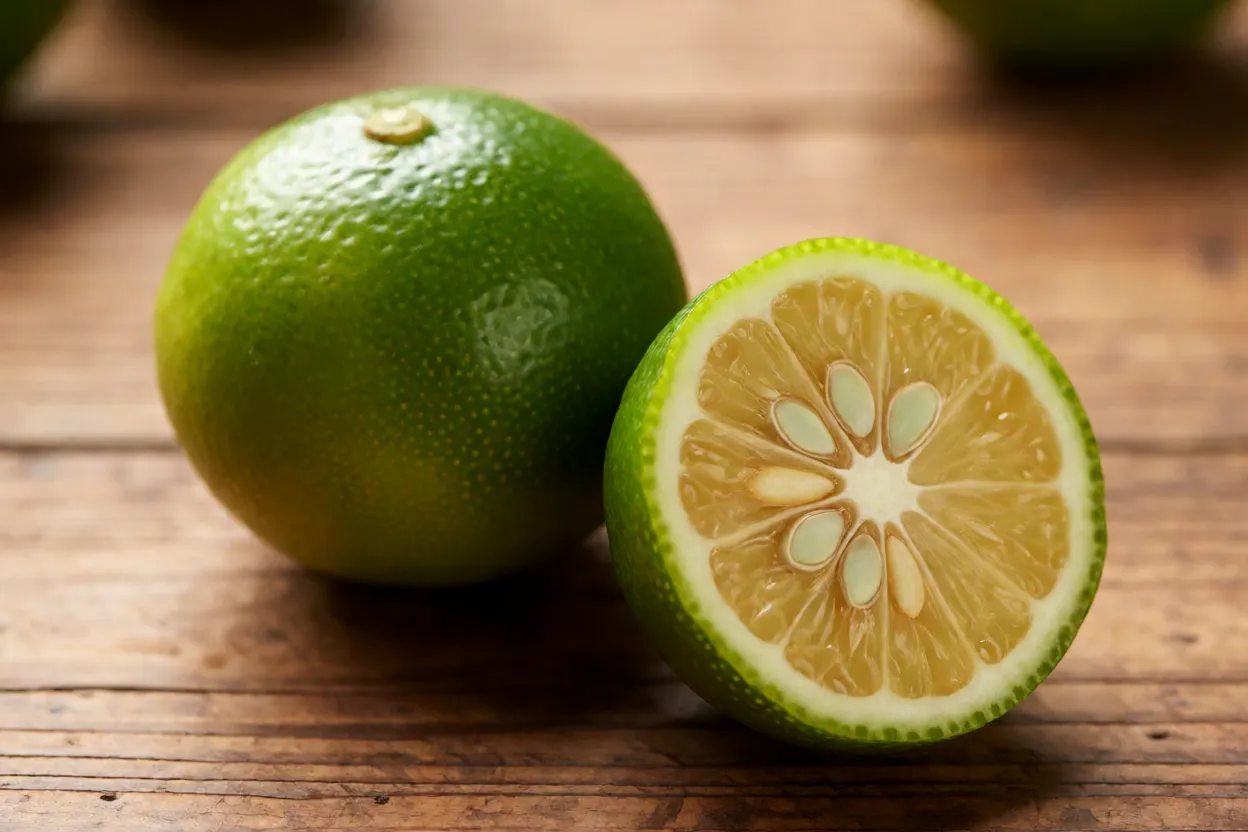Limequat inteira e cortada ao meio mostrando casca fina e polpa segmentada