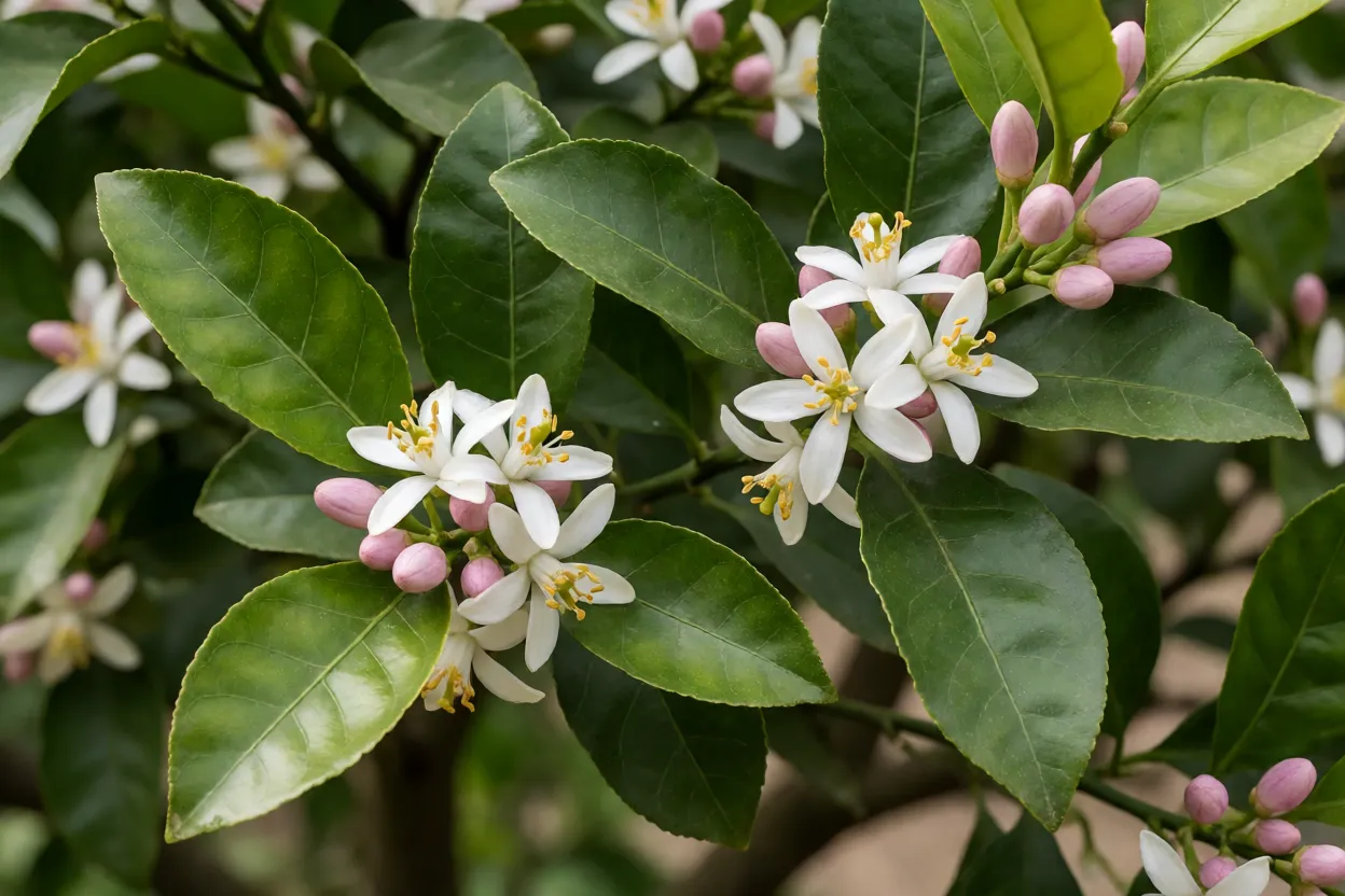 Close-up de folhas e flores brancas perfumadas do limoeiro