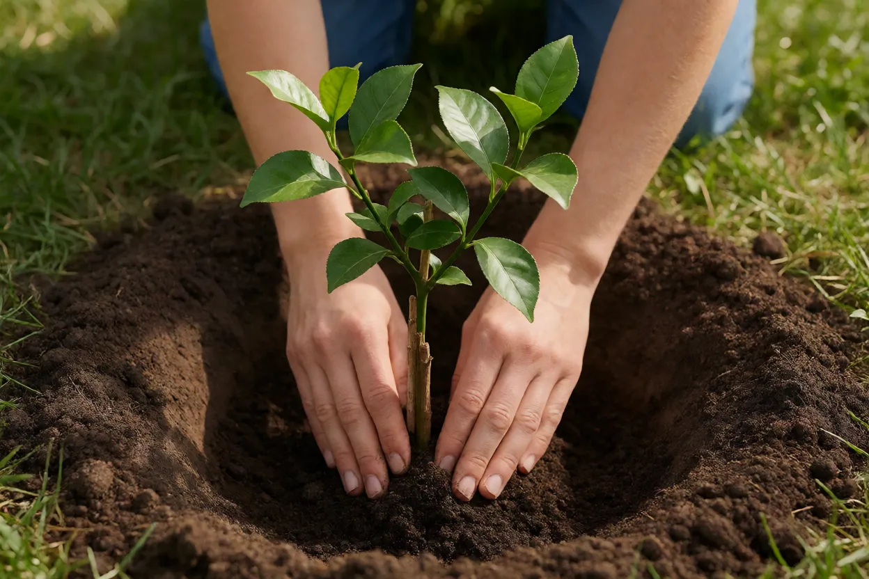Limoeiro: tipos, cultivo, poda e como estimular a produção de limões Mãos plantando muda de limoeiro enxertado no solo