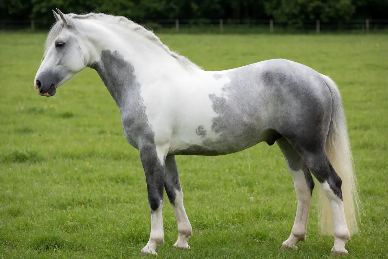Cavalo Lipizzano adulto branco de perfil em pasto verde