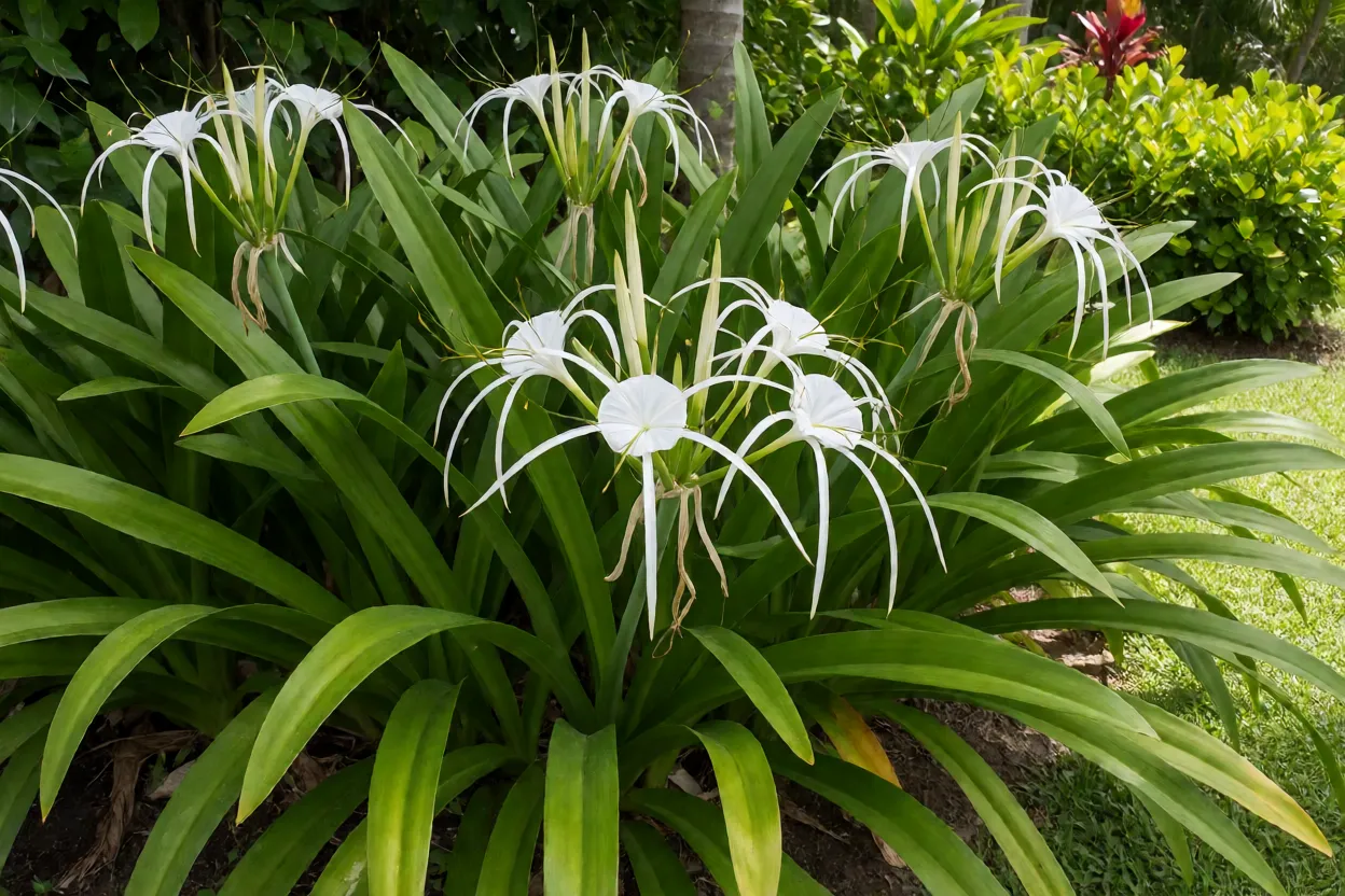 Lírio-aranha branco adulto florido em canteiro de jardim tropical