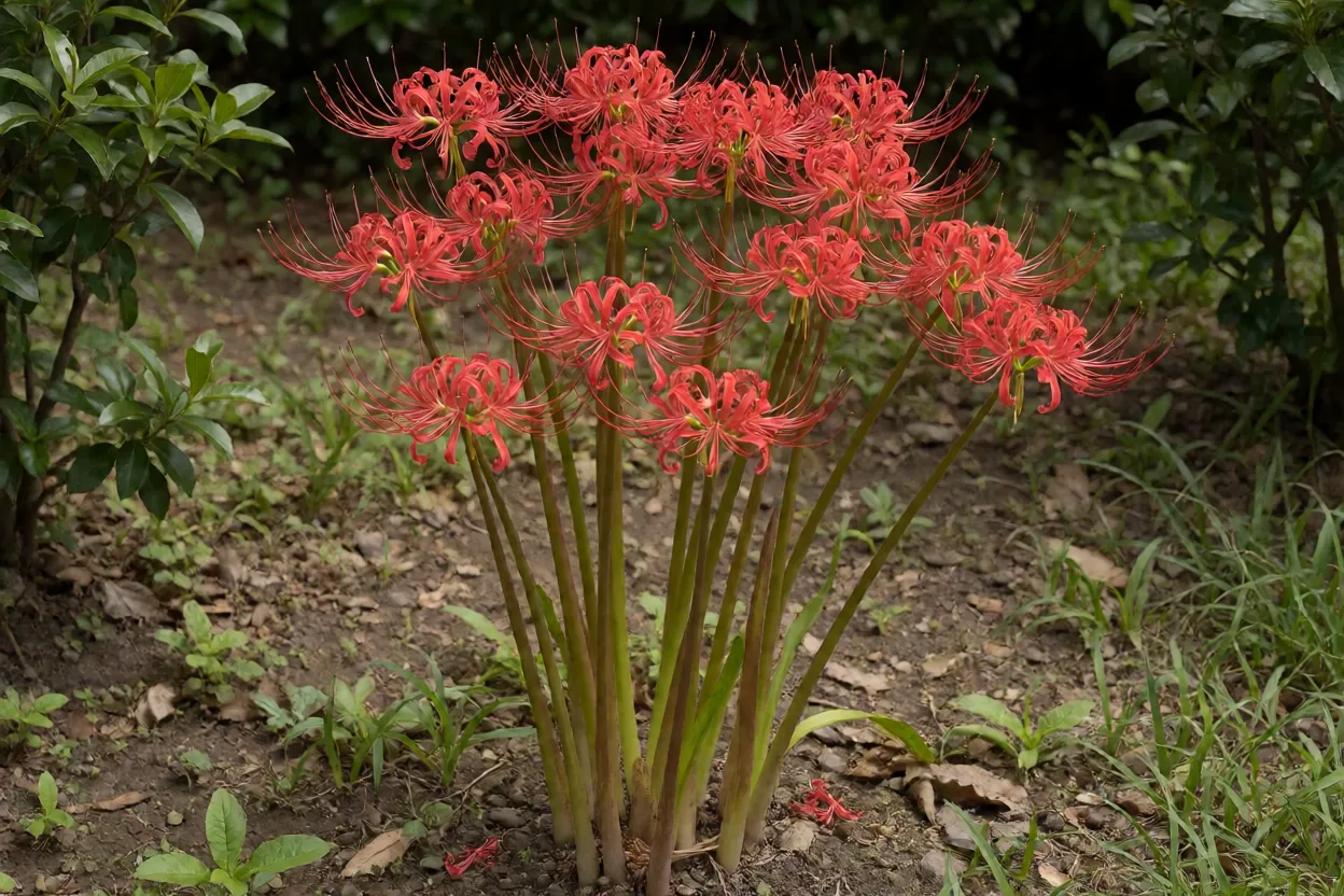 Lírio-aranha-vermelho adulto florido no jardim com hastes nuas e flores vermelhas