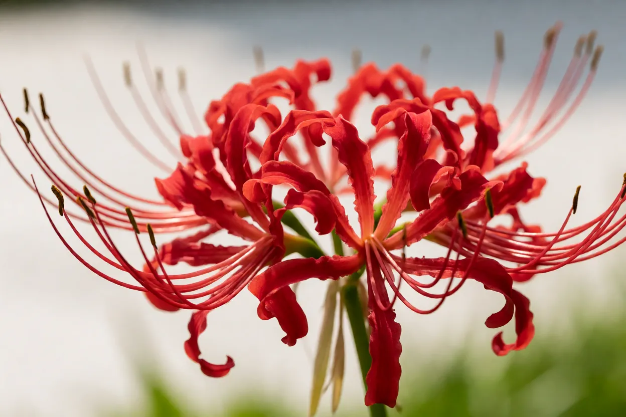 Close-up da flor vermelha do lírio-aranha-vermelho mostrando pétalas recurvadas