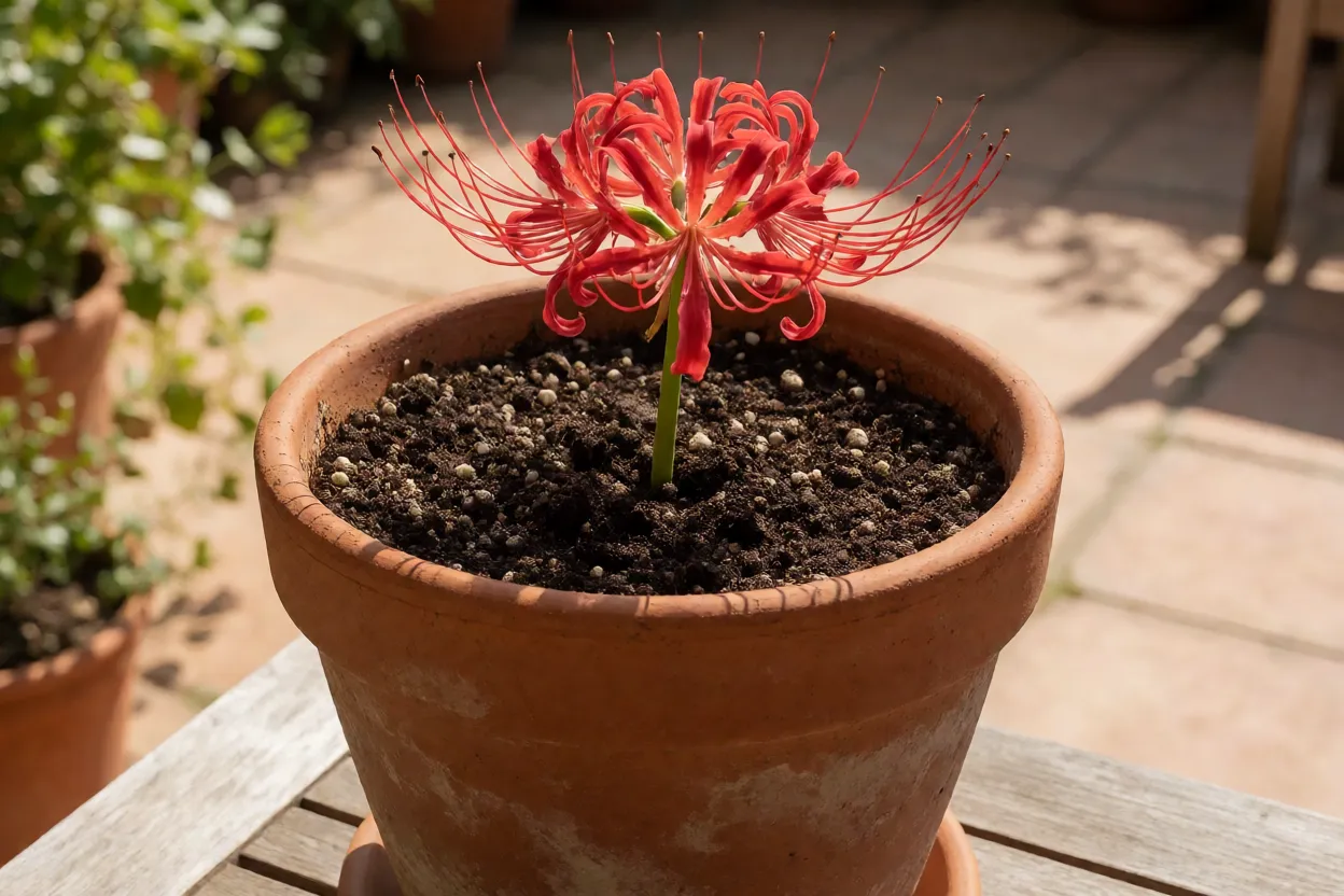 Lírio-aranha-vermelho cultivado em vaso de barro em varanda ensolarada
