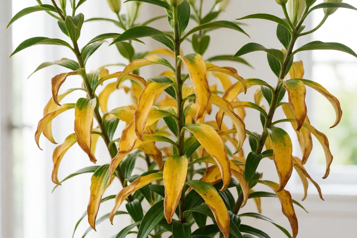 Folhas de l&iacute;rio asi&aacute;tico amarelando naturalmente ap&oacute;s flora&ccedil;&atilde;o