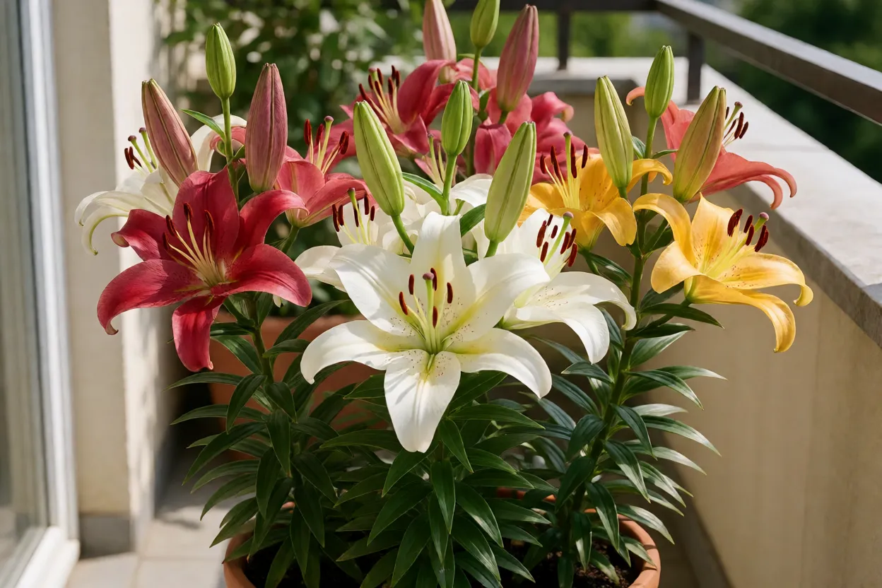 L&iacute;rios asi&aacute;ticos floridos cultivados em vaso na varanda
