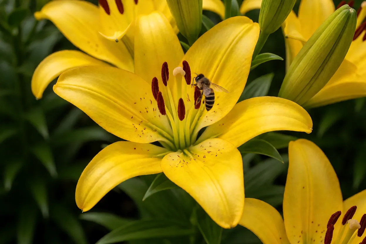 Abelha visitando flor de l&iacute;rio asi&aacute;tico amarelo
