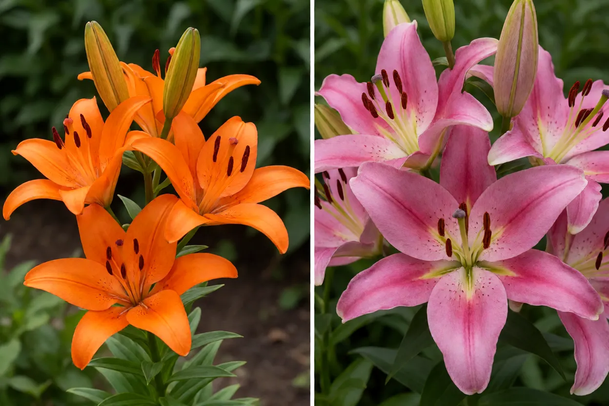 Compara&ccedil;&atilde;o visual de l&iacute;rio asi&aacute;tico e l&iacute;rio oriental em flor