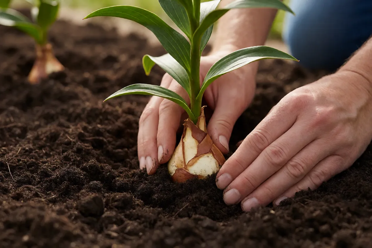 M&atilde;os plantando bulbo de l&iacute;rio asi&aacute;tico na profundidade correta