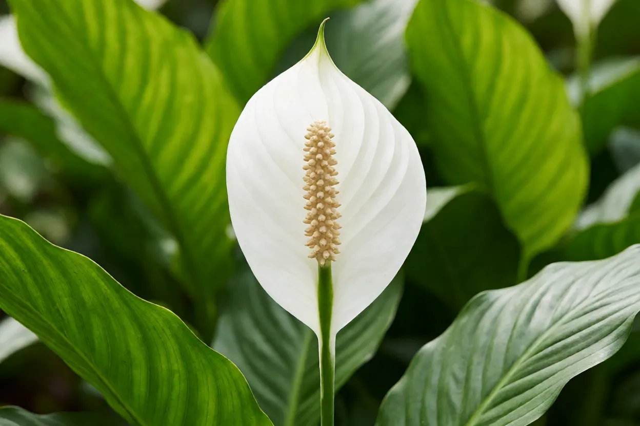 Espata branca e esp&aacute;dice do l&iacute;rio-da-paz em flora&ccedil;&atilde;o