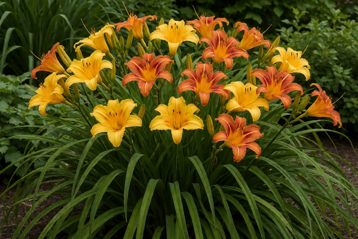 Touceira de l&iacute;rio-de-um-dia com flores amarelas e laranjas em jardim ensolarado