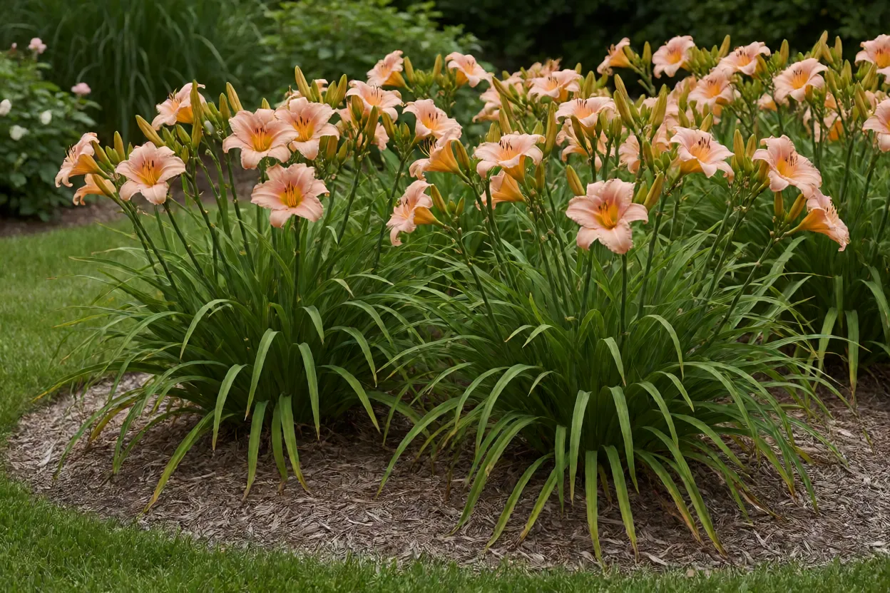 Canteiro de hemerocallis bem cuidado com cobertura morta