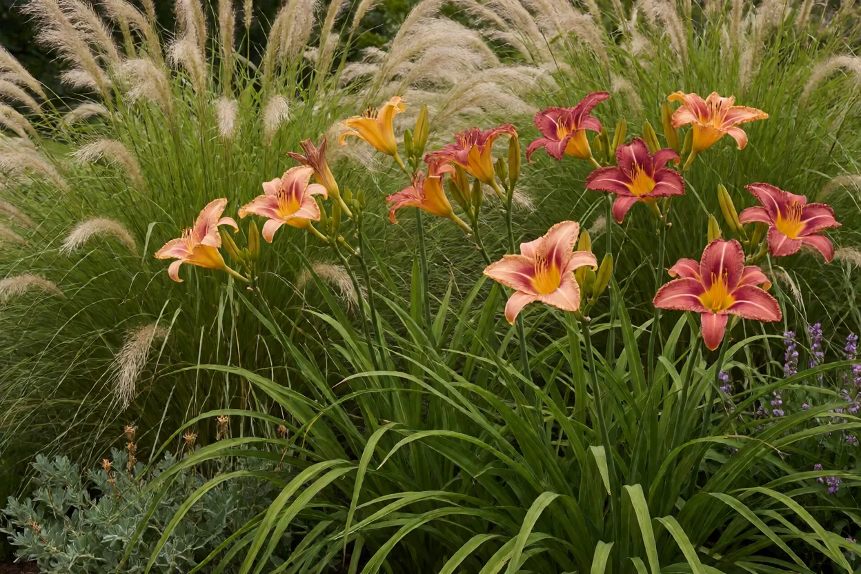 Hemerocallis combinados com outras perenes em jardim paisag&iacute;stico