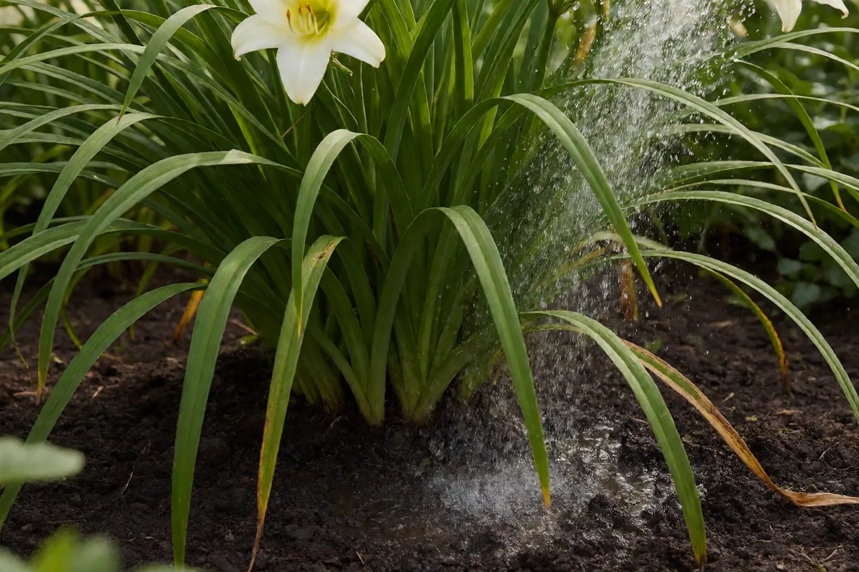 Rega profunda na base de touceira de hemerocallis