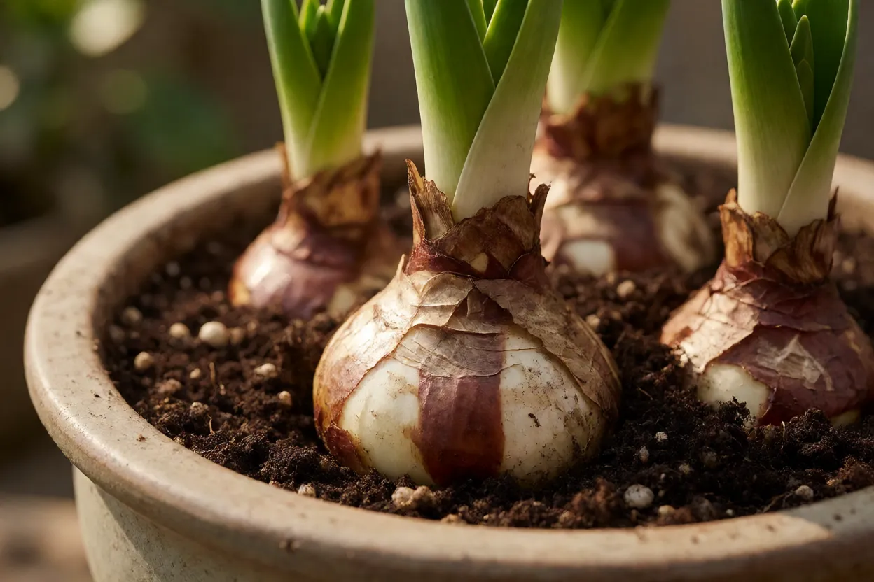 Plantio de bulbos de l&iacute;rio-do-amazonas em vaso