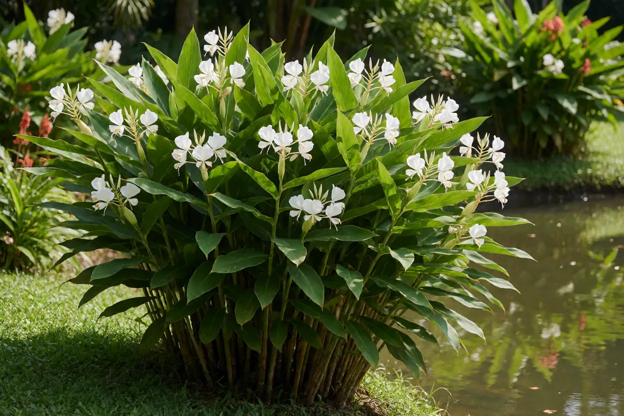 Lírio-do-brejo adulto florido em jardim tropical próximo a lago