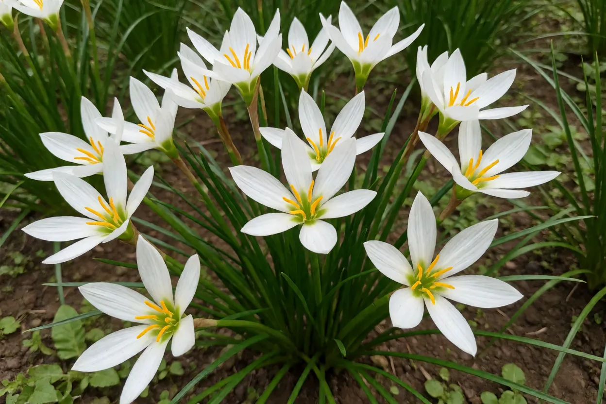 Lírio-do-zéfiro branco florido em canteiro de jardim