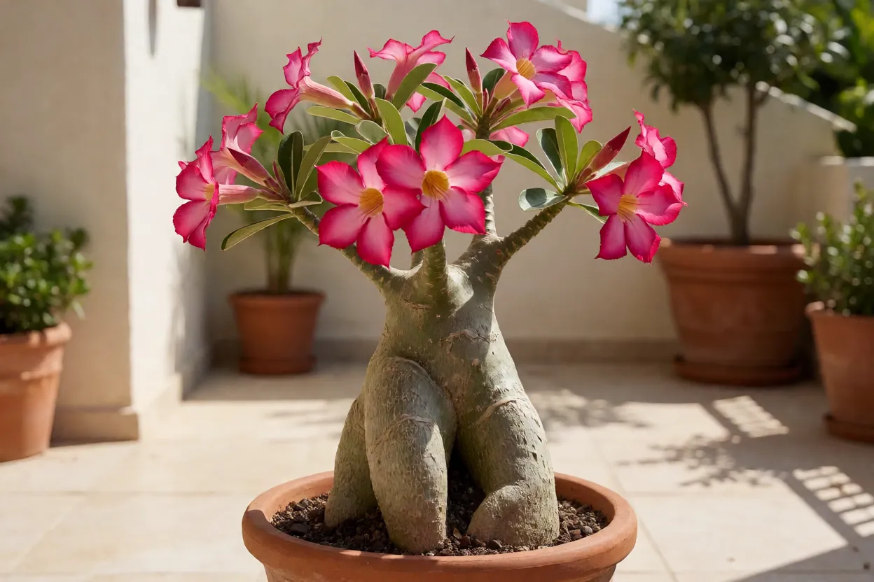 Lírio-impala adulto com caudex grosso e flores rosas em vaso de barro ao sol