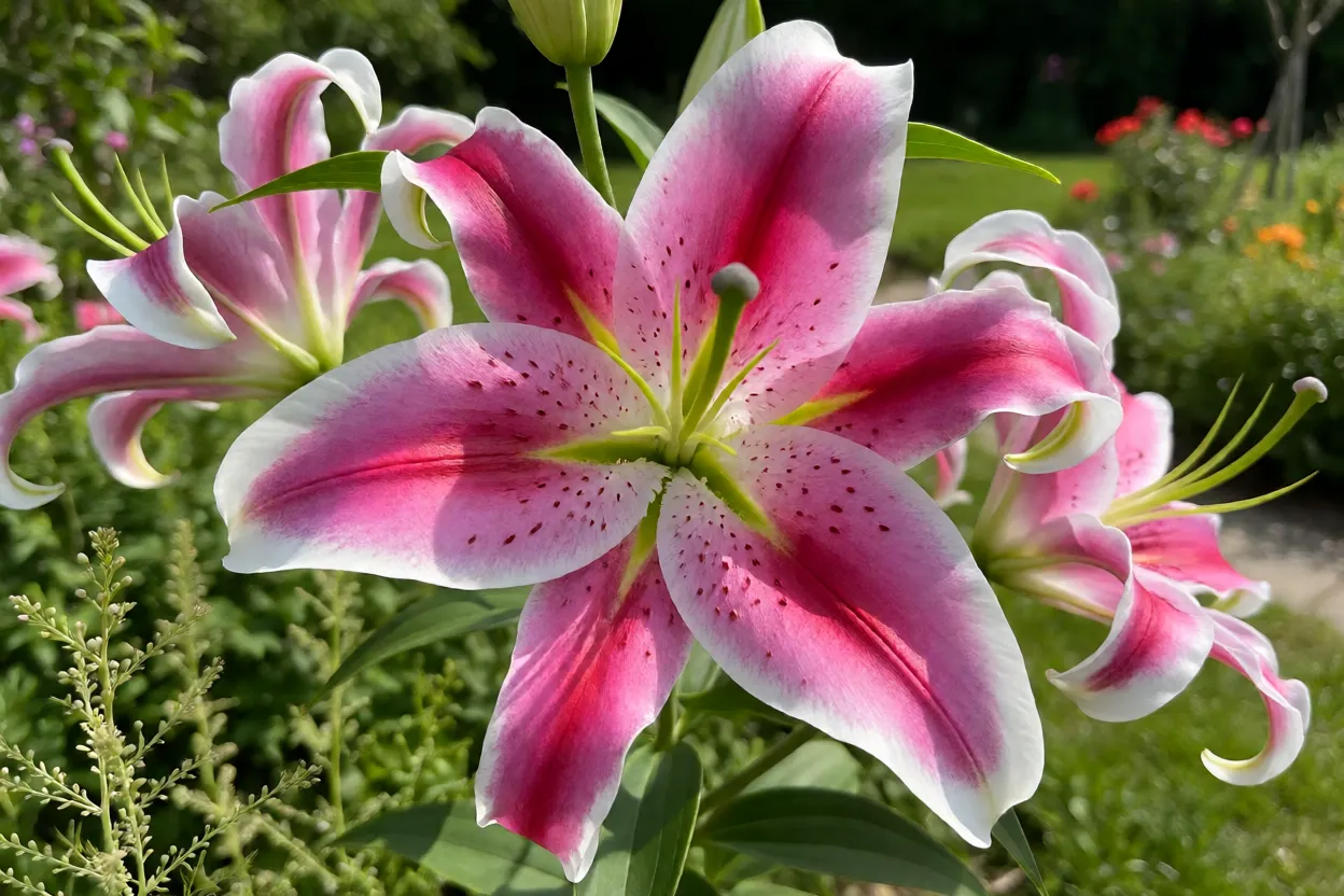 Lírio-oriental com flores grandes rosa e brancas em jardim iluminado