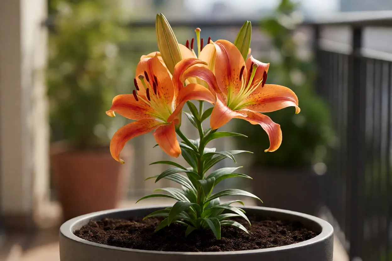 L&iacute;rio-oriental florido em vaso profundo na varanda