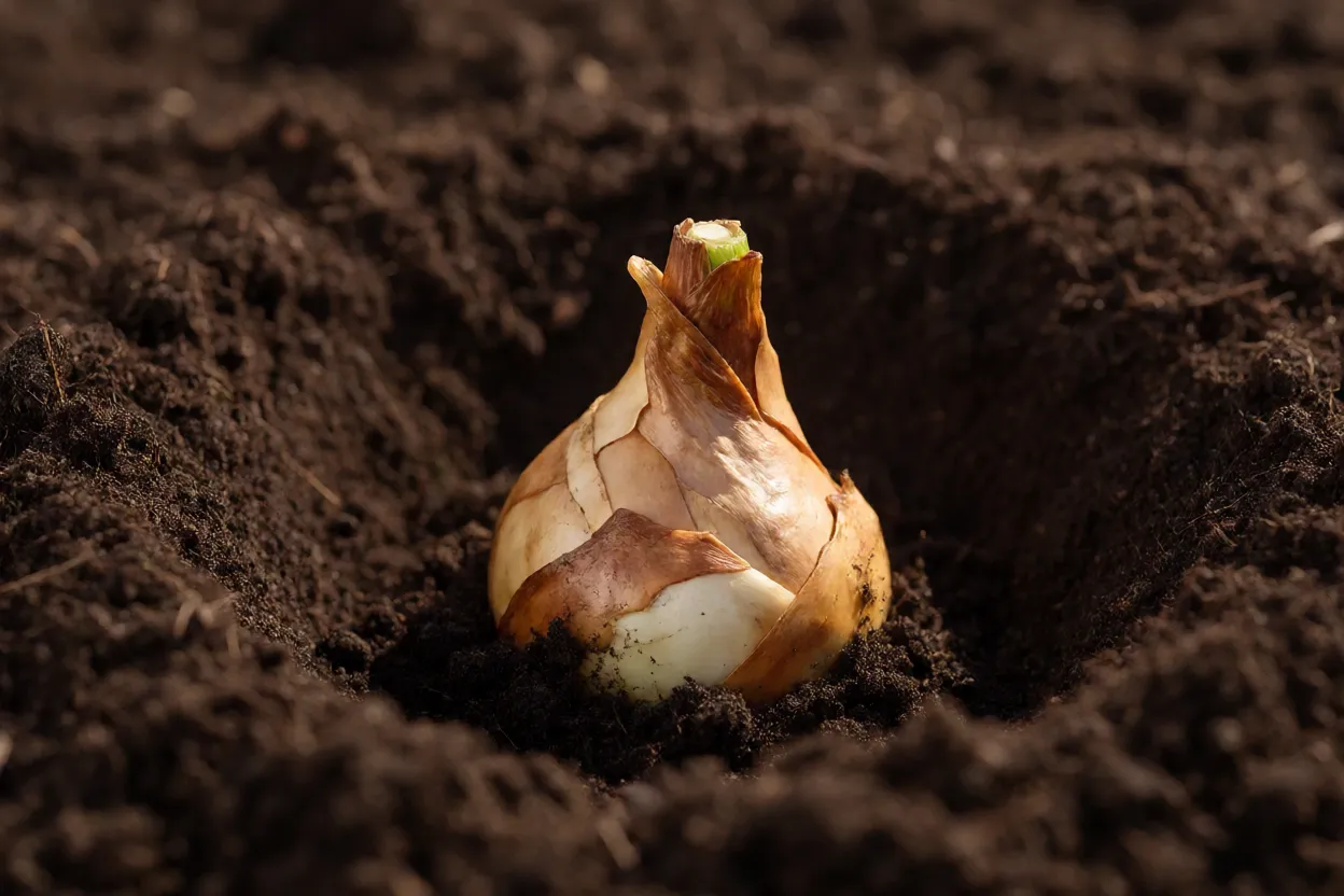 Bulbo de l&iacute;rio-oriental sendo plantado a 15 cm de profundidade no solo
