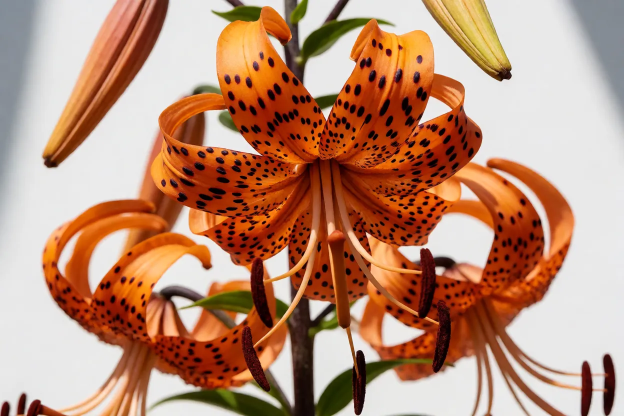 L&iacute;rio-tigre em flor com p&eacute;talas laranja e manchas escuras