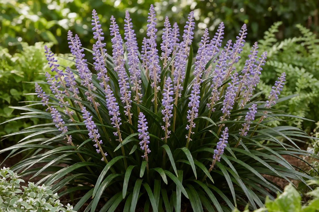 Touceira de lir&iacute;ope com folhas verdes arqueadas e espigas de flores lil&aacute;s