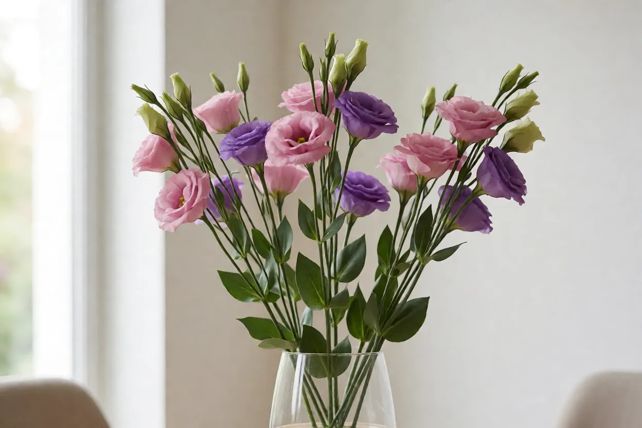 Lisianthus: como cultivar a flor delicada, floração e cuidados Buquê de lisianthus cortados em vaso de água