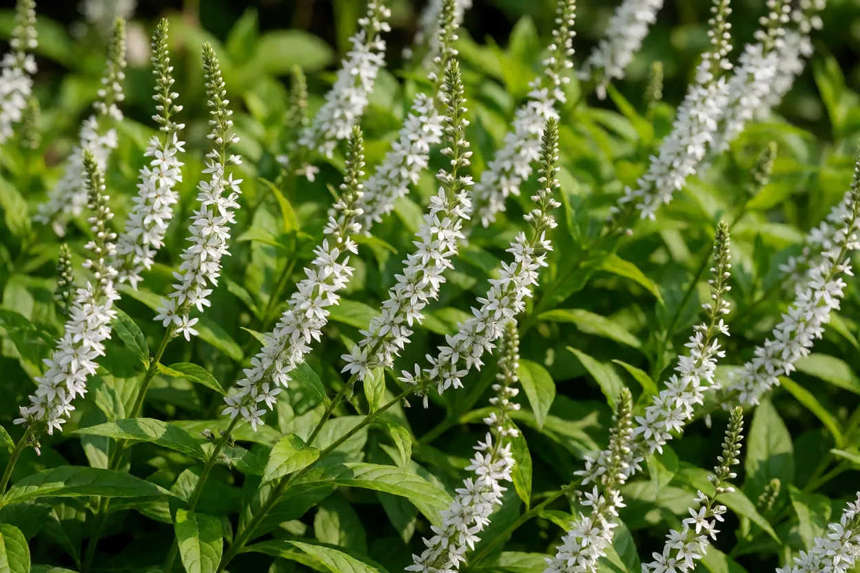 Lisimáquia clethroides com espigas brancas arqueadas no jardim