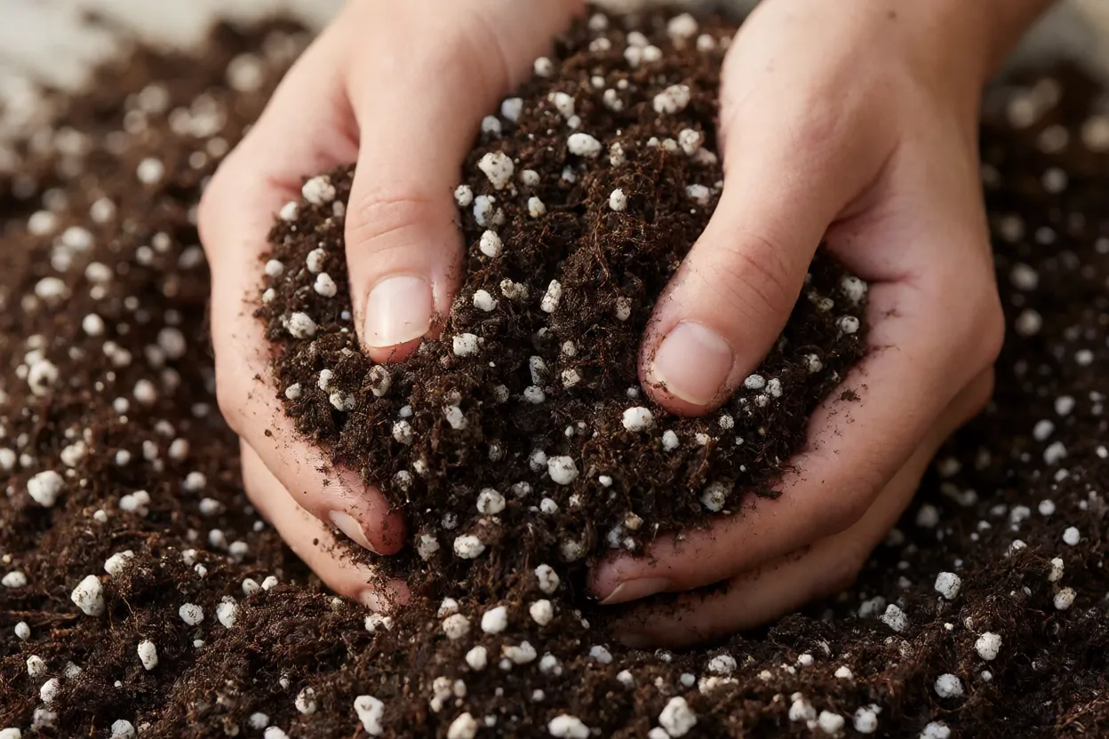 M&atilde;os preparando substrato solto para plantar lob&eacute;lia
