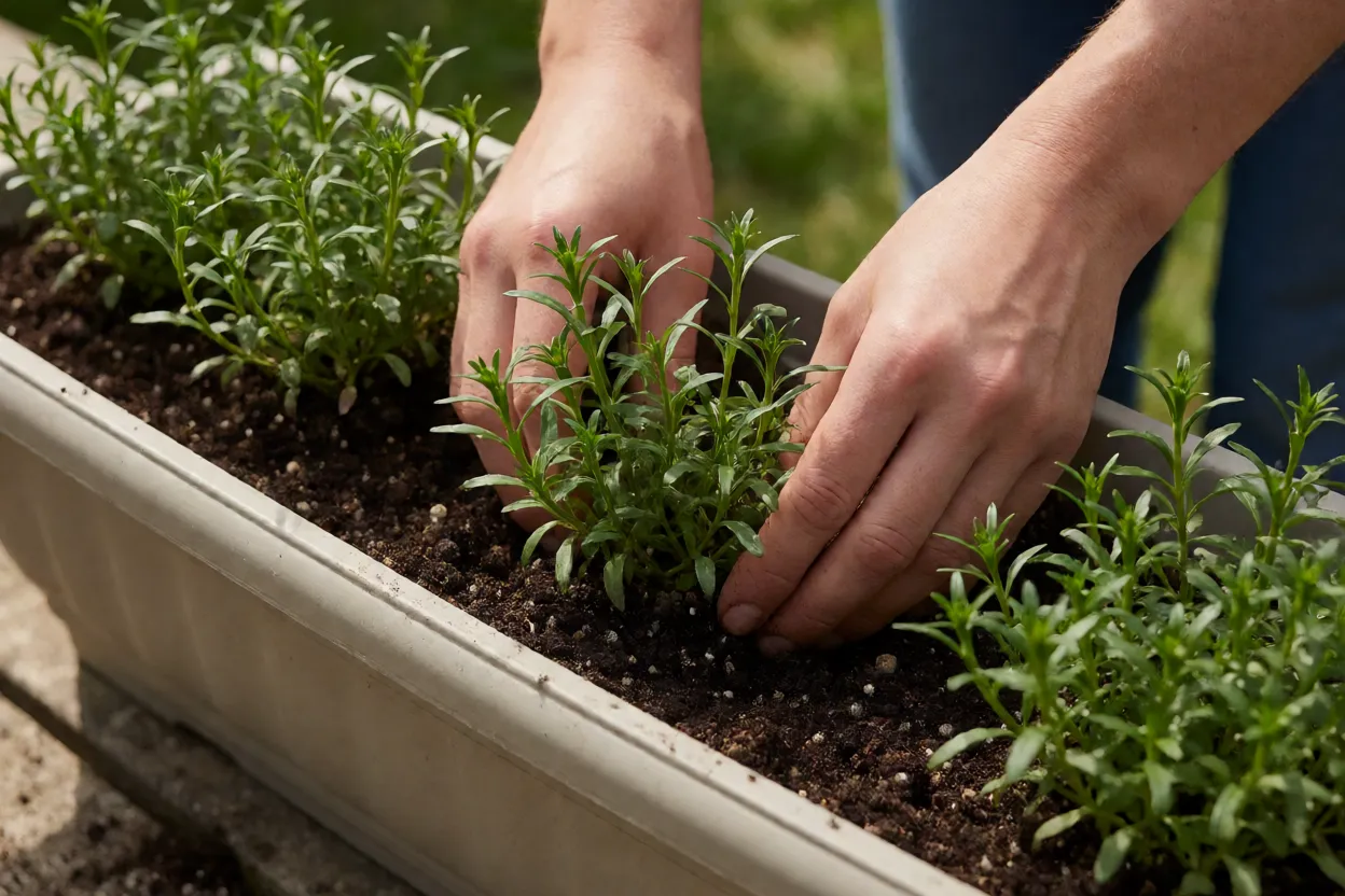 Plantio de mudas de lob&eacute;lia pendente em jardineira