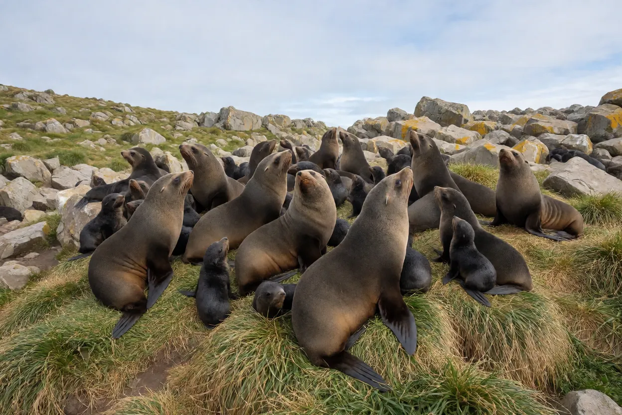 Colônia de lobos-marinhos-antárticos na Geórgia do Sul com filhotes