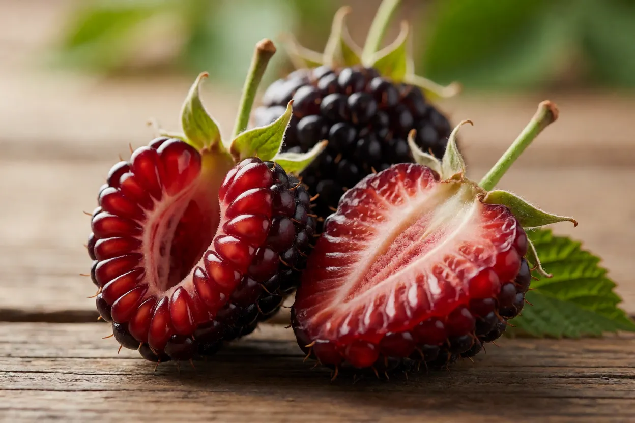 Loganberry fresca inteira e cortada mostrando polpa e sementes