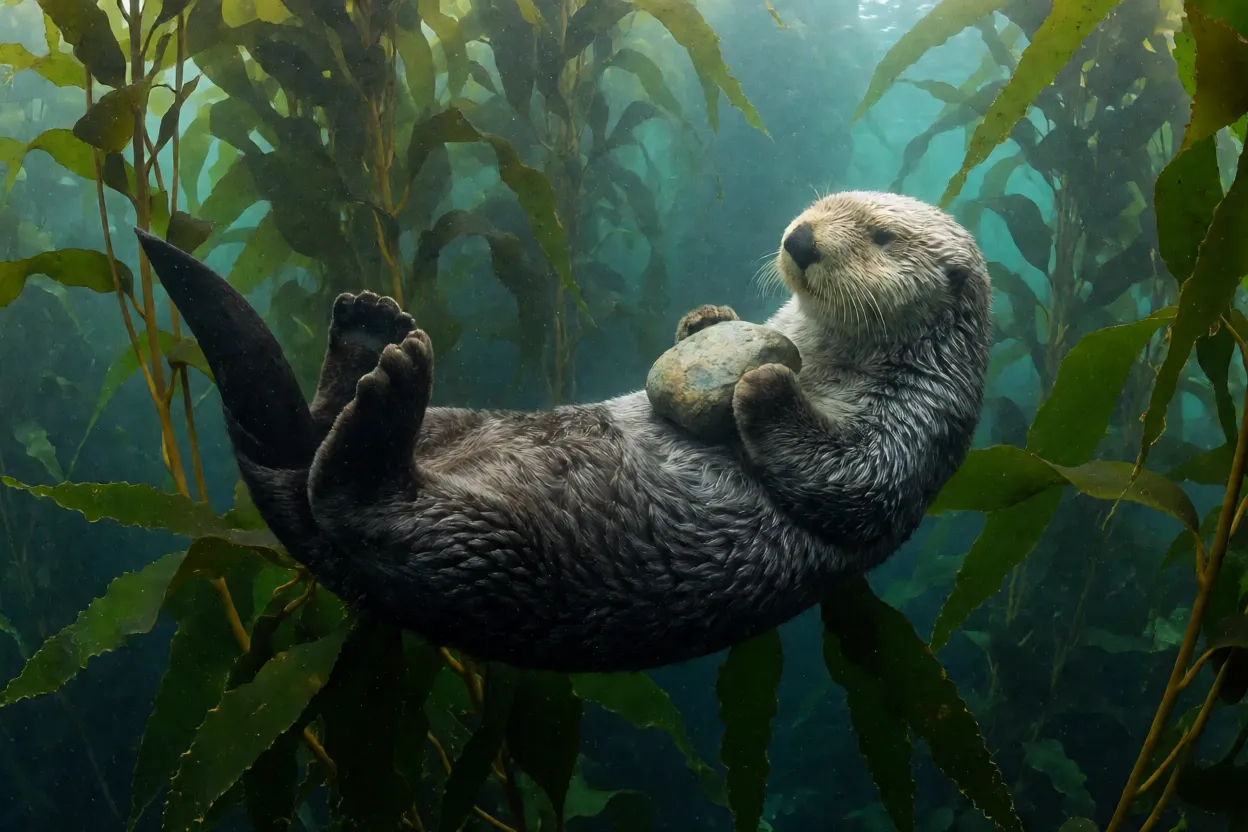 Lontra-marinha flutuando de costas em floresta de kelp com pedra no peito
