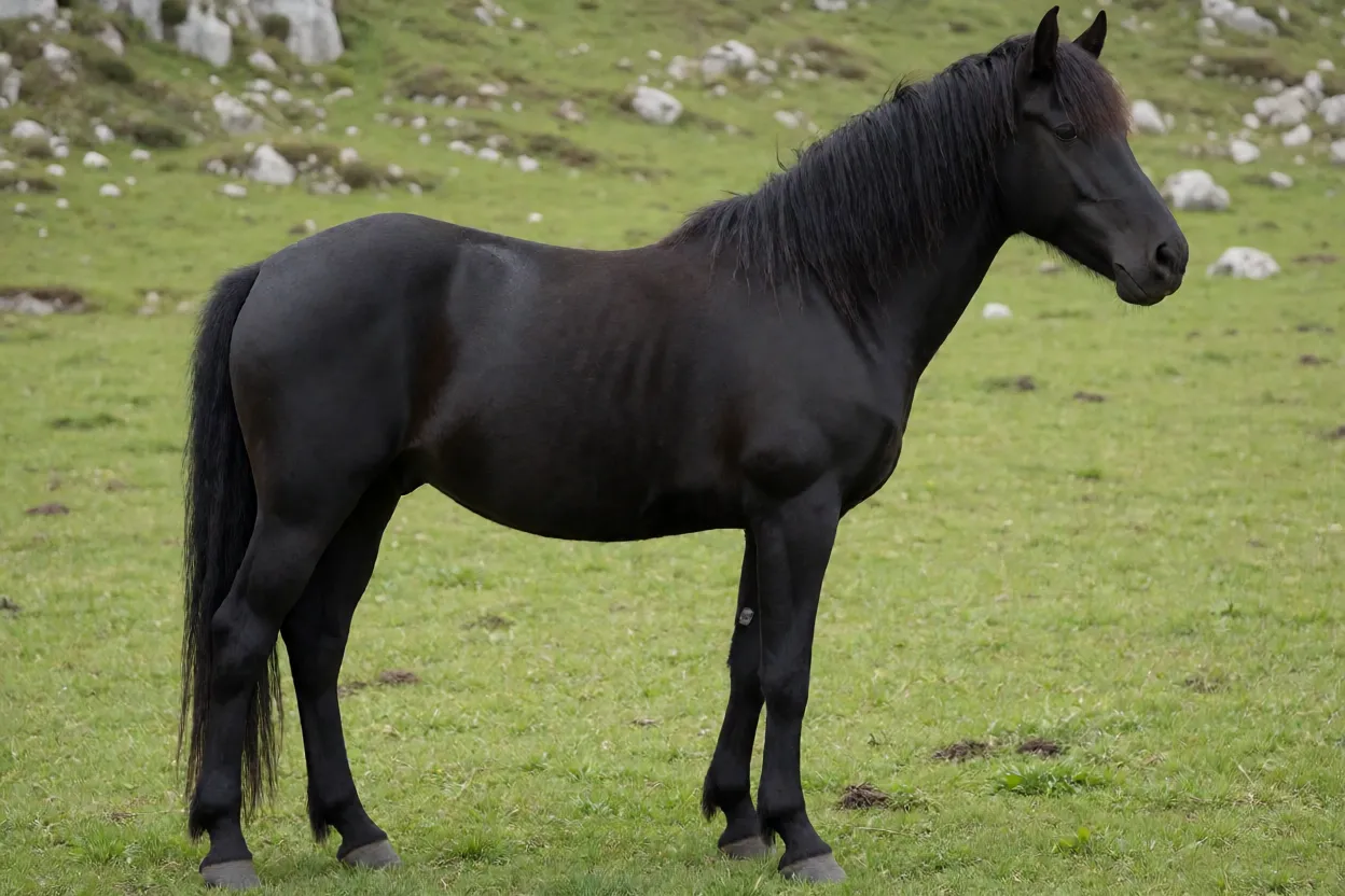 Cavalo Losino adulto preto de corpo inteiro em pasto