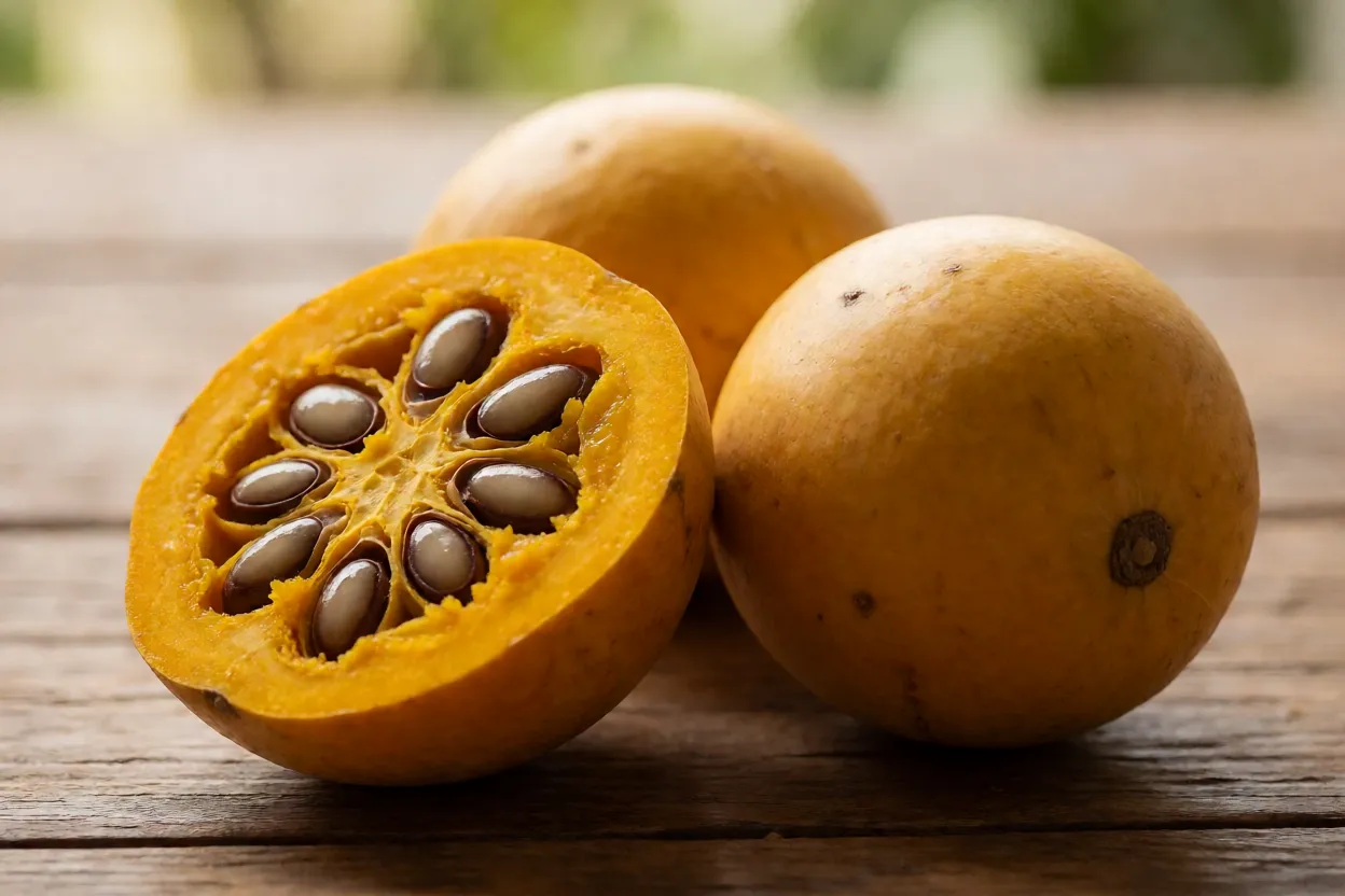 Lúcuma inteira e cortada ao meio mostrando polpa amarelo-ouro e sementes