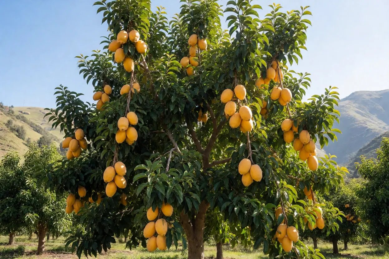 Lucumeiro com frutos de lúcuma pendentes nos ramos