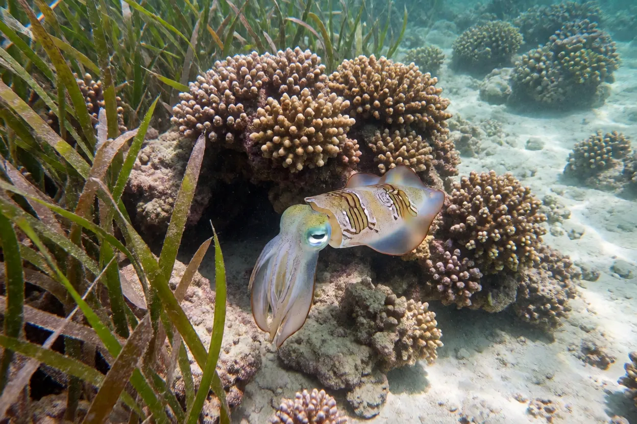 Lula-de-recife em seu habitat de recife de coral e grama marinha