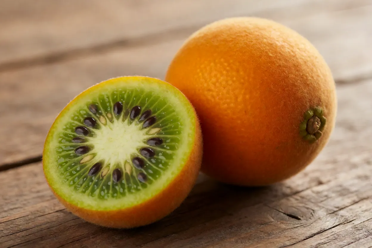 Lulo inteiro e cortado ao meio mostrando polpa verde e casca laranja peluda