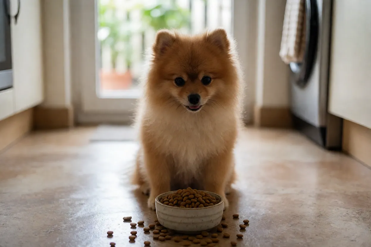 Lulu da Pomer&acirc;nia comendo ra&ccedil;&atilde;o em pote pequeno