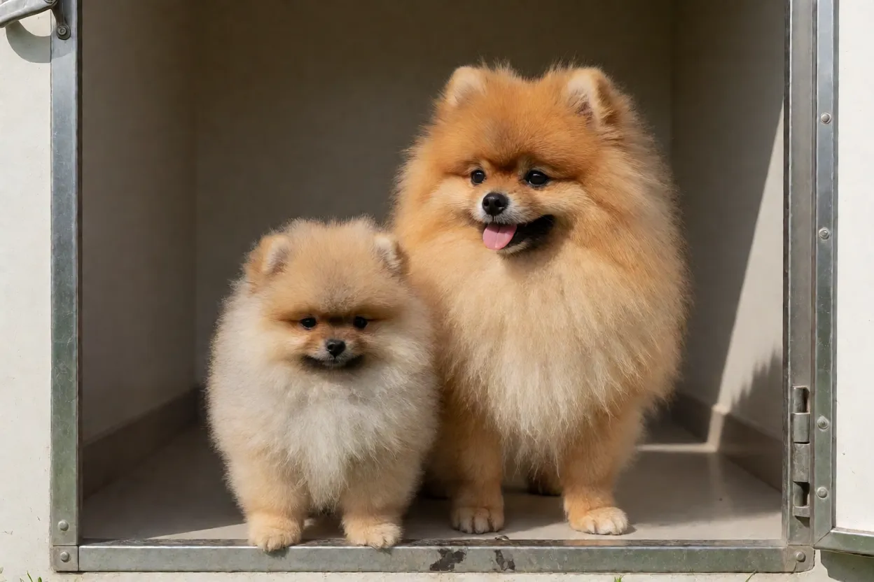 Filhote de Lulu da Pomer&acirc;nia ao lado da m&atilde;e em canil limpo