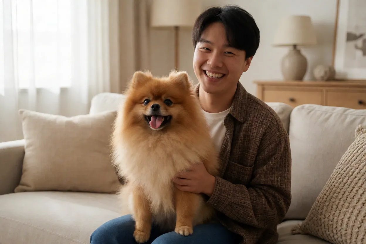 Lulu da Pomer&acirc;nia feliz no colo de seu tutor em casa