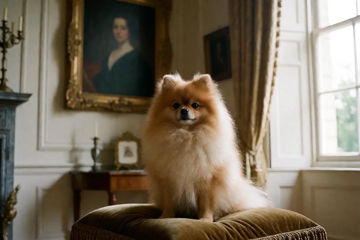 Lulu da Pomer&acirc;nia ao lado de um retrato antigo em ambiente cl&aacute;ssico