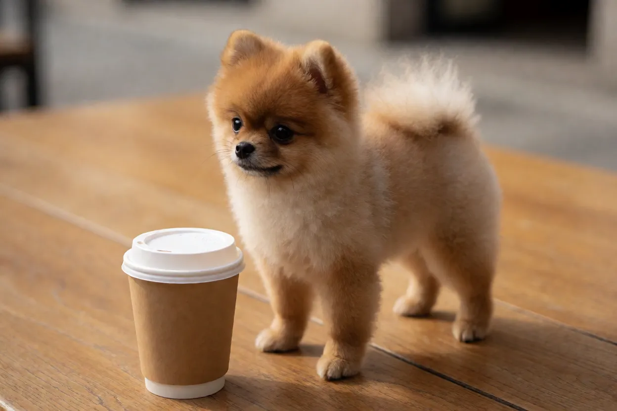Lulu da Pomer&acirc;nia adulto ao lado de uma x&iacute;cara mostrando o tamanho pequeno